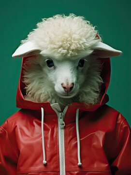 A white sheep in a red winter jacket on a dark green background. Fabulous animals. Generated by AI.
