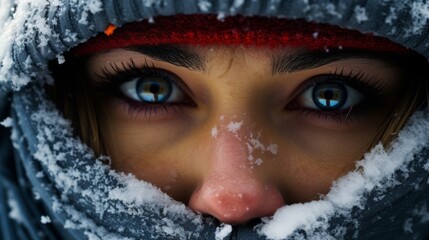 a girl hiding her face from the cold under a snood covered in frost.