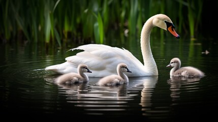 A mother swan with her chicks in a lake