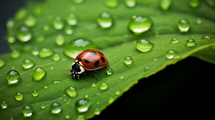 Obraz premium macrophotograph of a ladybug on a tree leaf with dew