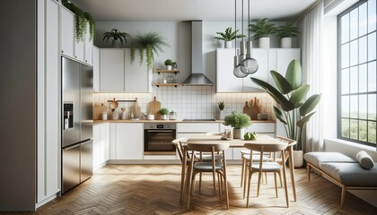 Photo of a contemporary kitchen that embodies Scandinavian design principles. The room features clean lines, white cabinetry, and stainless steel appliances. 