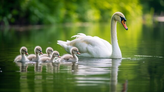 A mother swan with her chicks in a lake