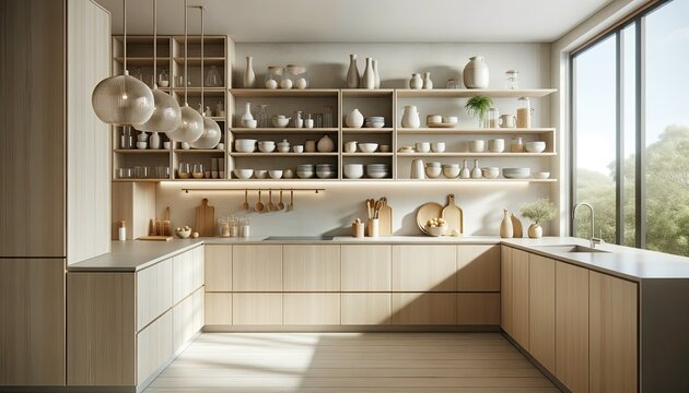 Photo of a modern Scandinavian kitchen interior, highlighting its minimalist design with a neutral color palette. Light wooden cabinets are paired with sleek countertops.