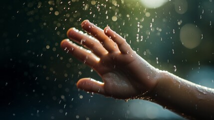 Fototapeta premium a small child's arm stretched out in the pouring rain.