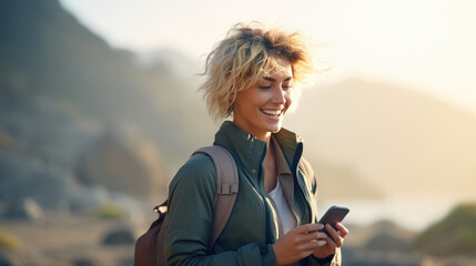 A cheerful blonde female with short hair cut traveler holding a smartphone while hiking in the natural environment. - obrazy, fototapety, plakaty