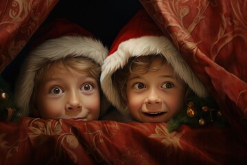 Children peeking from their beds, trying to catch a glimpse of Santa.