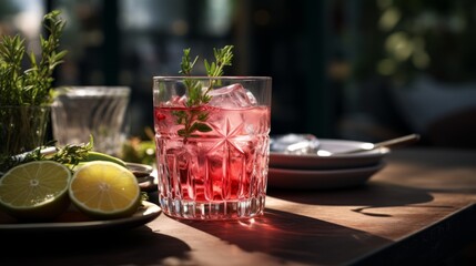 Classic gin and tonic cocktail with rosemary sprigs in tall glasses on a table with bar accessories - obrazy, fototapety, plakaty