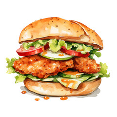 Delicious Chicken Sandwich Watercolor Illustration on Transparent Background