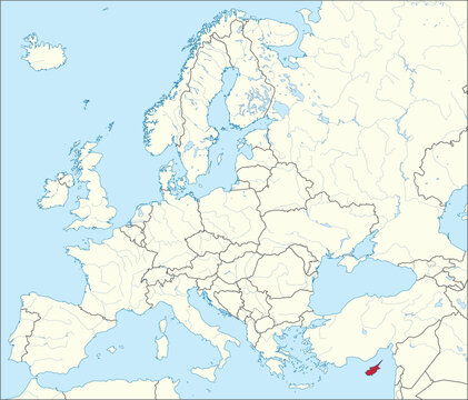 Red CMYK national map of CYPRUS inside detailed beige blank political map of European continent with rivers and lakes on blue background using Mercator projection