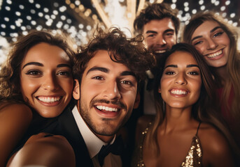 grupo multicultural de jovenes amigos de celebración vestidos de fiesta y haciéndose un selfie, sobre fondo nocturno con fuegos artificiales
