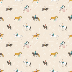 Riding school, kids learn to ride a pony, seamless vector pattern