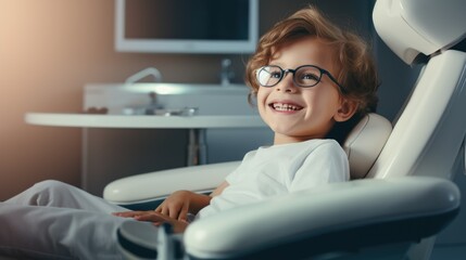 Happy child in glasses sitting in dentist's chair - obrazy, fototapety, plakaty