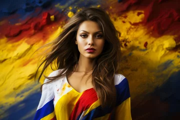 Foto op Canvas Beautiful Romanian Girl Dressed In Traditional Costume For The Independence National Day. Grungy romanian flag in the background. Ai Generated  © eclypse78