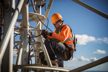 engineer wearing safety gear working at top of signal antenna.Working at height - obrazy, fototapety, plakaty