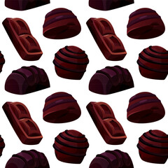 Seamless pattern with dark, white chocolate bar pieces, candy. Chunks and blocks of brown chocolate. Milk sweet dessert, cooking ingredient for confectionery shop. Vector for poster, banner, website.
