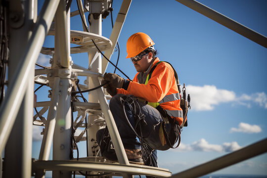 engineer wearing safety gear working at top of signal antenna.Working at height