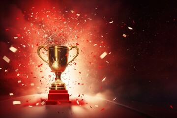Generative AI, Winner trophy with flames, red golden champion cup with falling confetti on red background.	