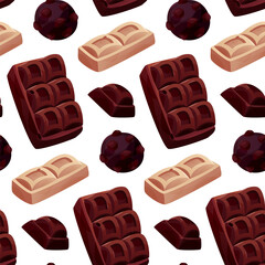 Seamless pattern with dark, white chocolate bar pieces, candy. Chunks and blocks of brown chocolate. Milk sweet dessert, cooking ingredient for confectionery shop. Vector for poster, banner, website.