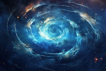 Cosmic whirlpool with swirling stars and celestial phenomena.