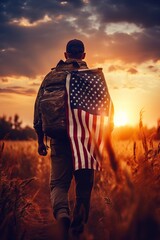 A soldier with a backpack and an American flag on his back stands on a path in a field, Soldier patriot day background, Armistice day, happy veterans day , happy independance day 
