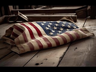 Antique pillow on rustic American flag background , Soldier patriot day background, Armistice day, happy veterans day , happy independance day 