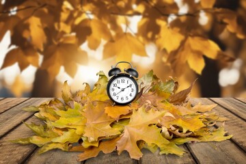 2023 concept, colored dry leaf decoration and clock, AI generated image