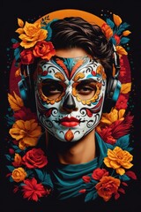 Fototapeta na wymiar Mexican sugar skull Aman with colorful make up. Dia de los muertos. Day of The Dead. Halloween.