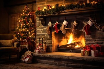 Cozy living room with stockings hung by the fireplace awaiting Santa.