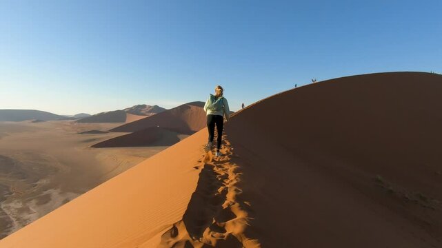 Young woman running on top of dune in slow motion