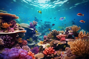 Underwater view with colorful coral reef in the deep sea. Generative AI - obrazy, fototapety, plakaty