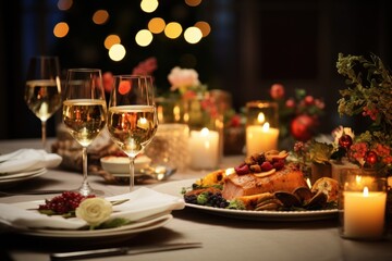 Festive holiday dinner table setup with sparkling lights and gourmet dishes.
