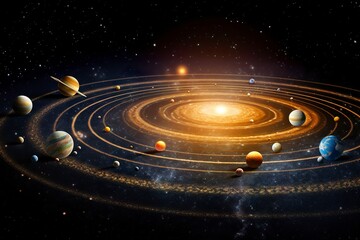 Obraz premium Our 3d Solar system with planets in orbits path.