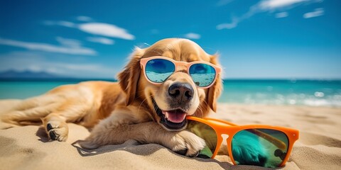 Golden Retriever dog is on summer vacation at seaside resort and relaxing rest on summer beach of Hawaii. - obrazy, fototapety, plakaty