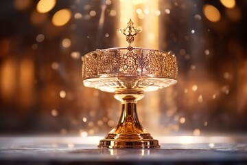 The golden monstrance with a little transparent crystal center, consecrated host. church defocused background. - obrazy, fototapety, plakaty