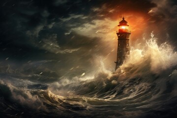 Lighthouse standing tall amidst a raging storm, beacon of hope. - obrazy, fototapety, plakaty