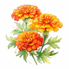 Watercolor autumn marigold flowers with raindrops on white background.