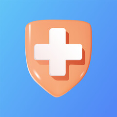 Red 3D shield with a white cross on a blue background.