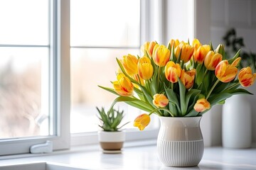 A bouquet of tulips on a white table.