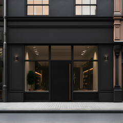 Fototapeta na wymiar Black modern store facade, front view of store exterior