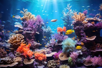 Naklejka na ściany i meble Mesmerizing aquarium scene with vibrant coral reefs and exotic fish.