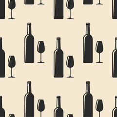 Wine bottles and glasses seamless pattern. Black elements on beige background. Best for textile, bar decoration, wallpapers, wrapping paper, package and your design.