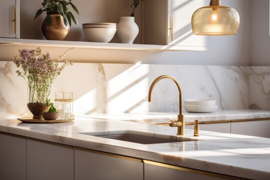 Modern kitchen interior with marble countertops and gold fixtures, soft morning light filtering in.