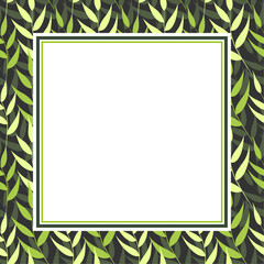 Vector square frame with copy space. Green leaves on gray background.