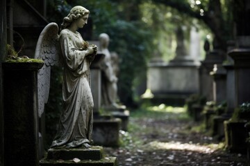 Fototapeta premium Old Christian cemetery, angel statues watching over serene graves.