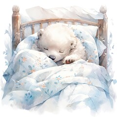 A sleepy baby white bear in bedding. watercolor illustrations.