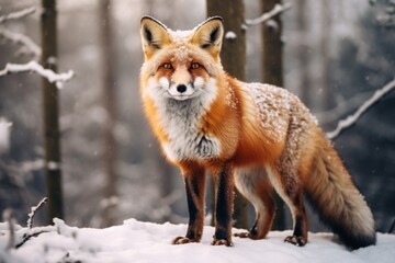 Obraz premium Red fox standing in a snowy forest, winter season.