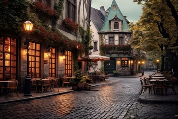 Fototapeta na wymiar Quaint European street cafe scene with cobblestone streets and vintage lampposts.