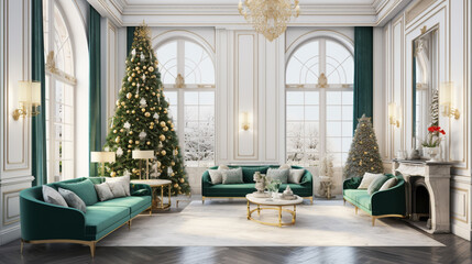 Christmas morning. classic luxurious apartments with decorated christmas tree. generative ai - obrazy, fototapety, plakaty