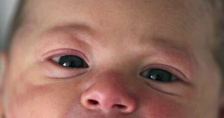 Close-up of newborn baby face in first day of life, macro closeup of infant eyes