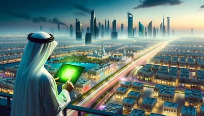 Arabian Bussinesman with a digital tablet and a hologram of modern buildings.